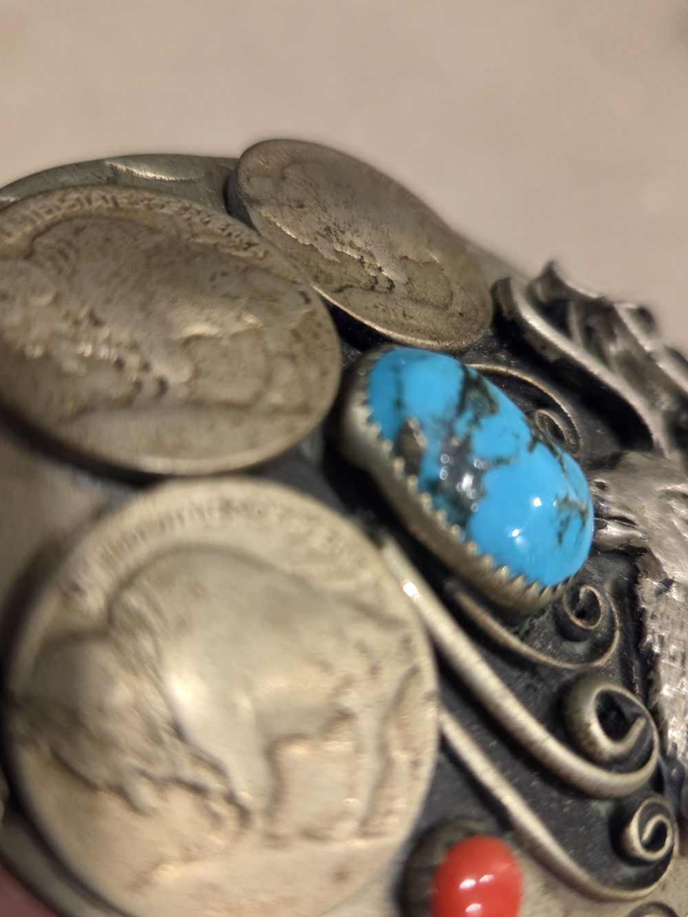 Vintage Navajo Silver Turquoise & Coral Belt Buckle By, Squaw Wrap - Picture 5 of 11